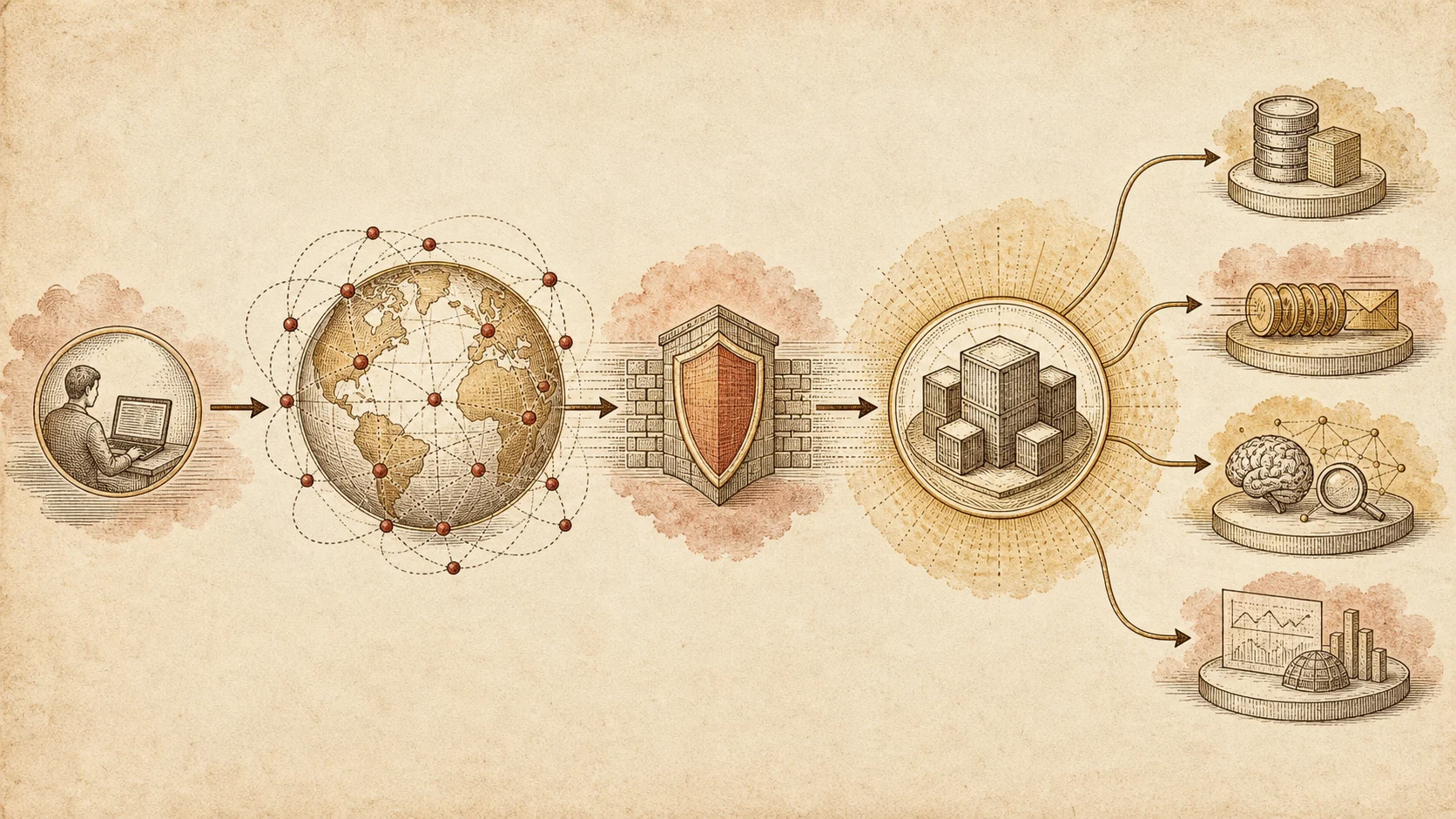 Generated editorial illustration of a request moving through the Cloudflare edge, security, compute, data, async work, AI, and observability.