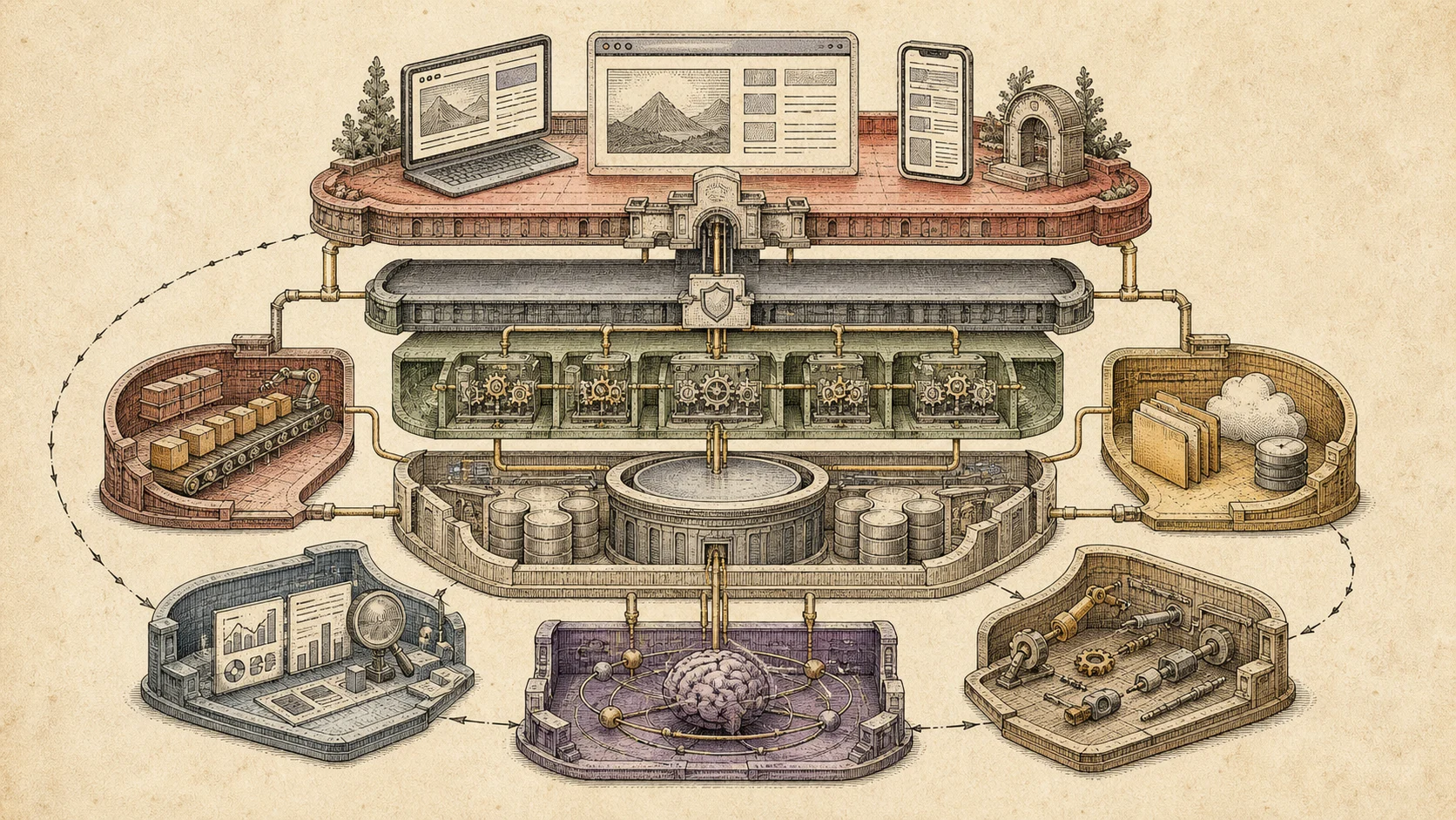 Generated editorial illustration of layered startup system architecture with web, API, service, data, async, file, AI, and observability surfaces.