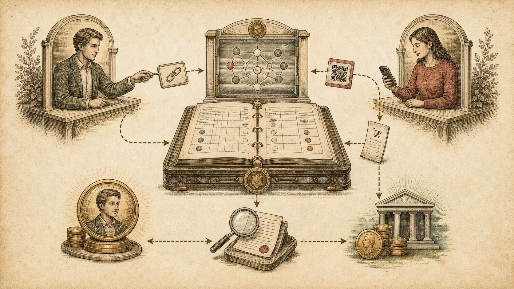 Generated editorial illustration of partner, customer, host, and a central referral ledger exchanging tracked links, receipts, credit, commission review, and payout signals.
